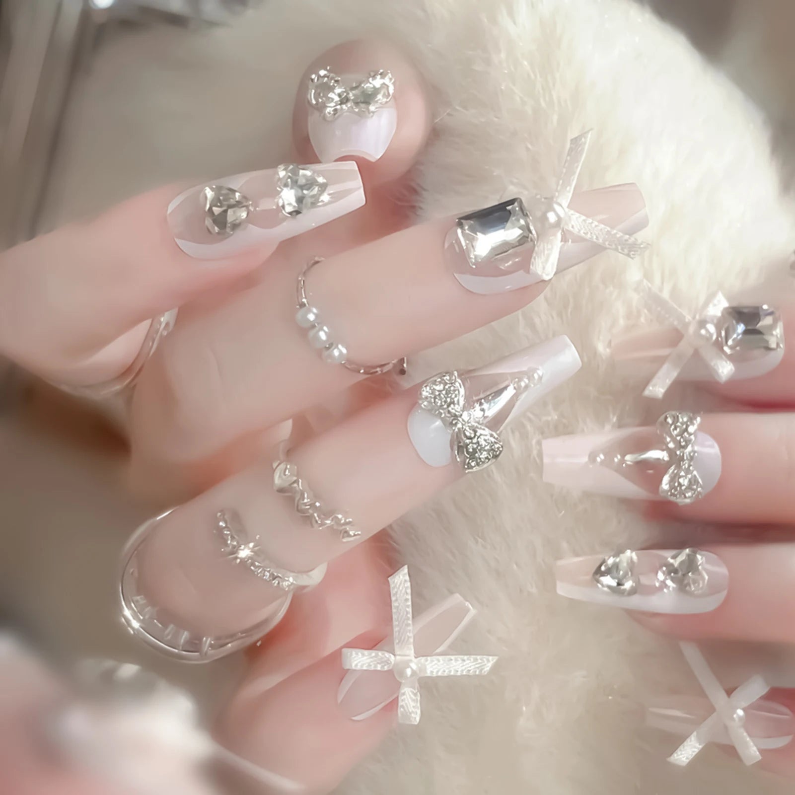 White Ribbon Rhinestone Coffin French False Nails