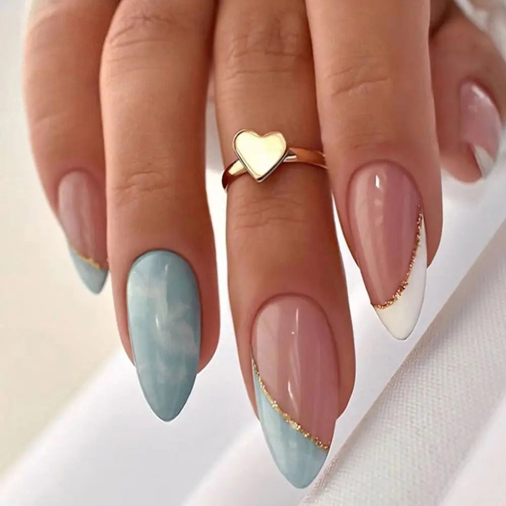 French Glitter Almond Press-On Summer Nails
