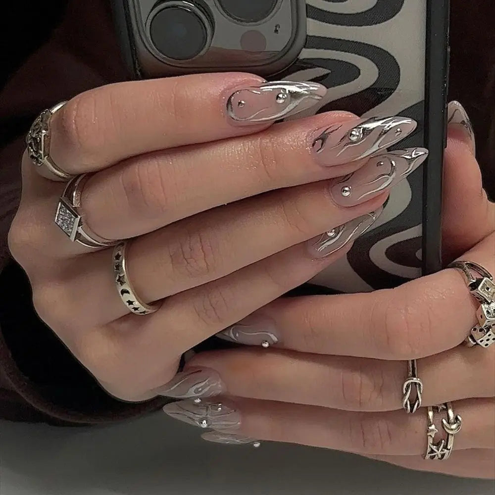 French Glitter Almond Press-On Summer Nails