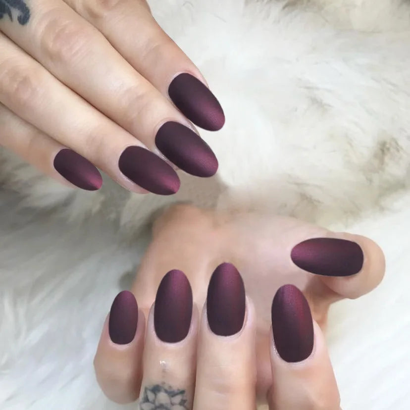 Matte Almond Fake Nails - Red Nude Brown