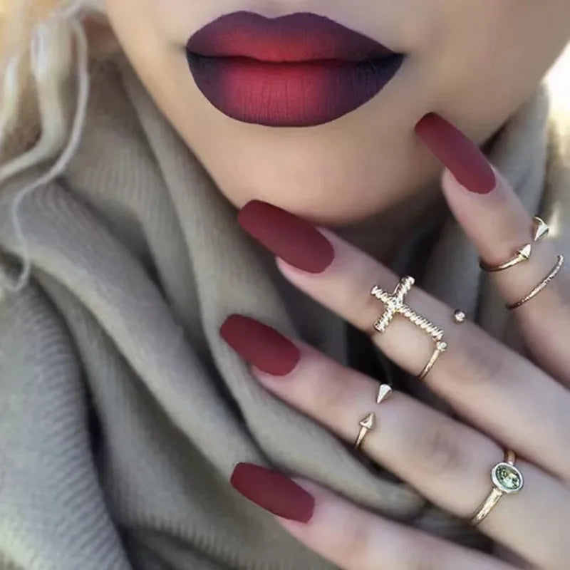 Matte Almond Fake Nails - Red Nude Brown