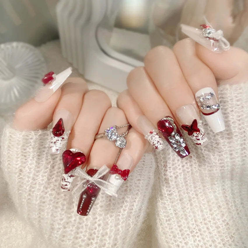 White Ribbon Rhinestone Coffin French False Nails