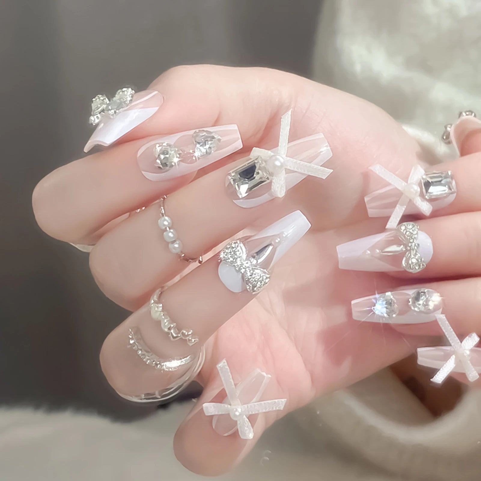 White Ribbon Rhinestone Coffin French False Nails