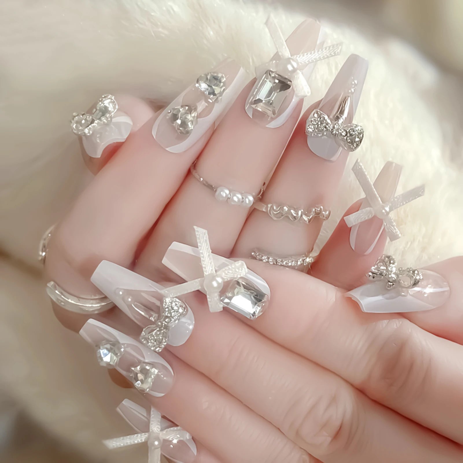 White Ribbon Rhinestone Coffin French False Nails 