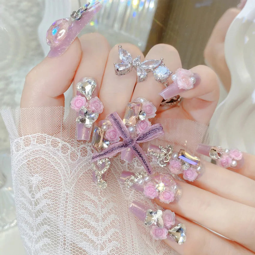 White Ribbon Rhinestone Coffin French False Nails