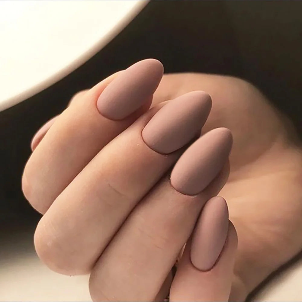Matte Almond Fake Nails - Red Nude Brown