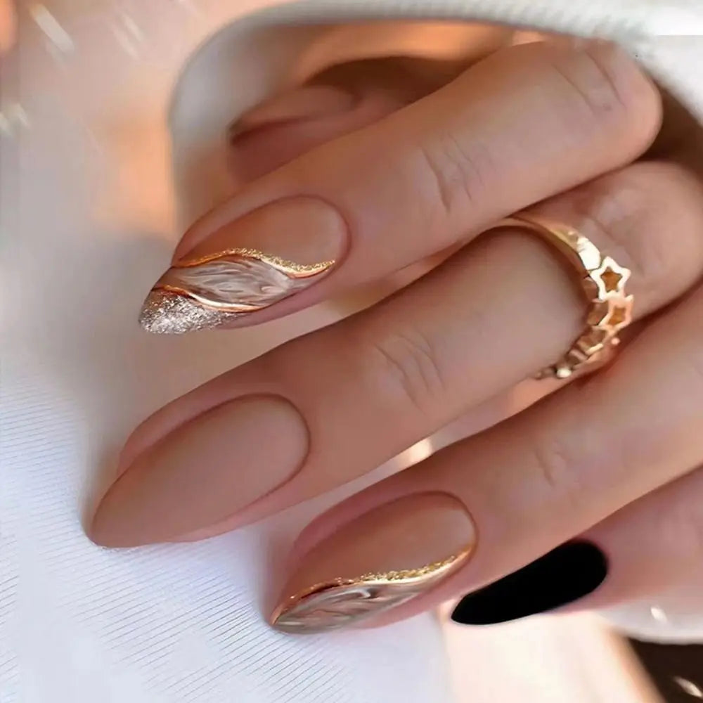 French Glitter Almond Press-On Summer Nails