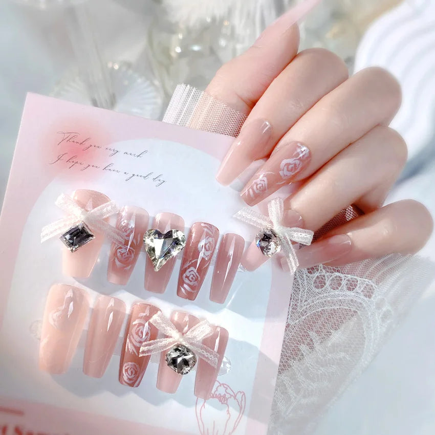 White Ribbon Rhinestone Coffin French False Nails